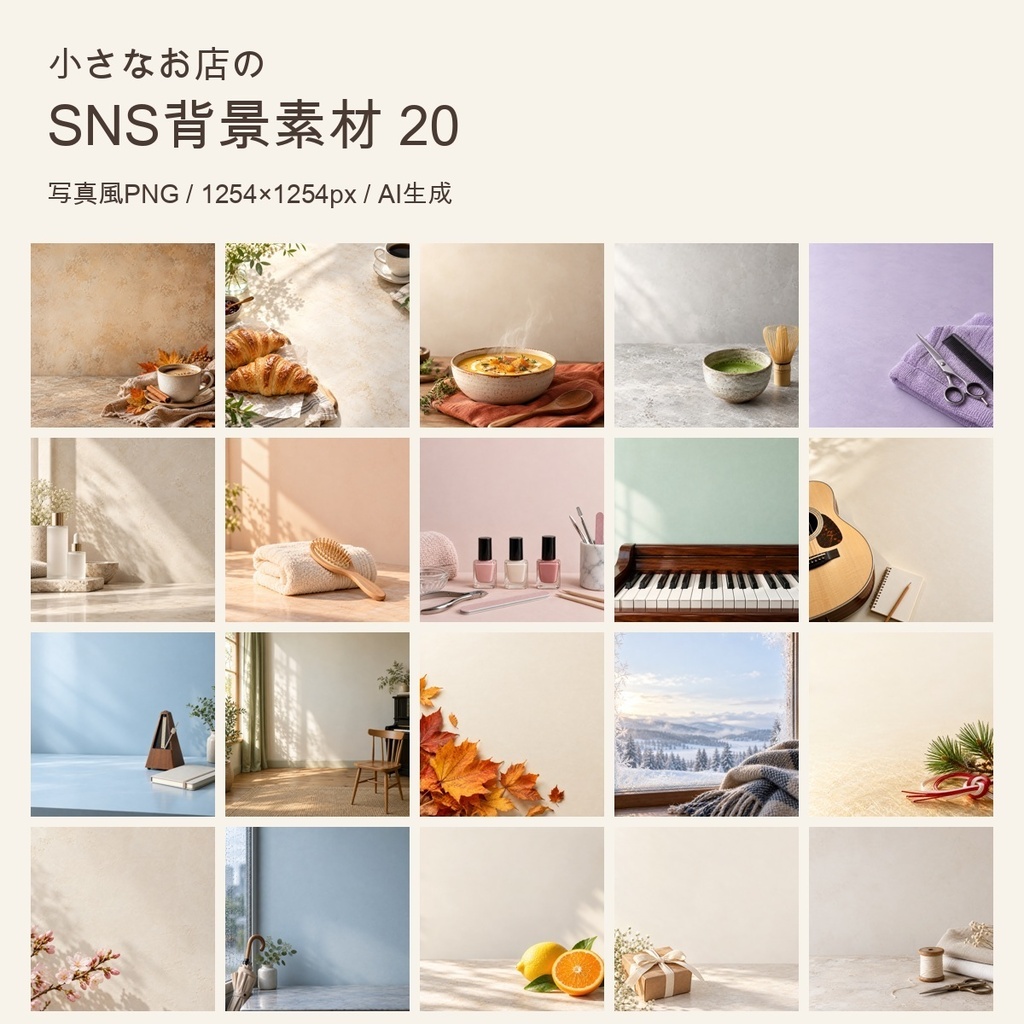小さなお店のSNS背景素材20|カフェ・サロン・音楽・四季|AI生成PNG