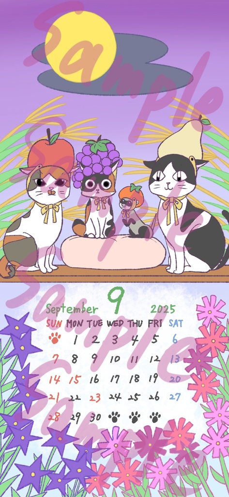 猫とフェレットのカレンダー2025年9月