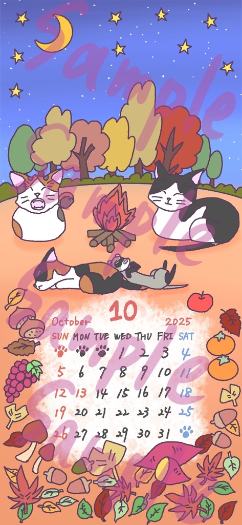 猫とフェレットのカレンダー2025年10月