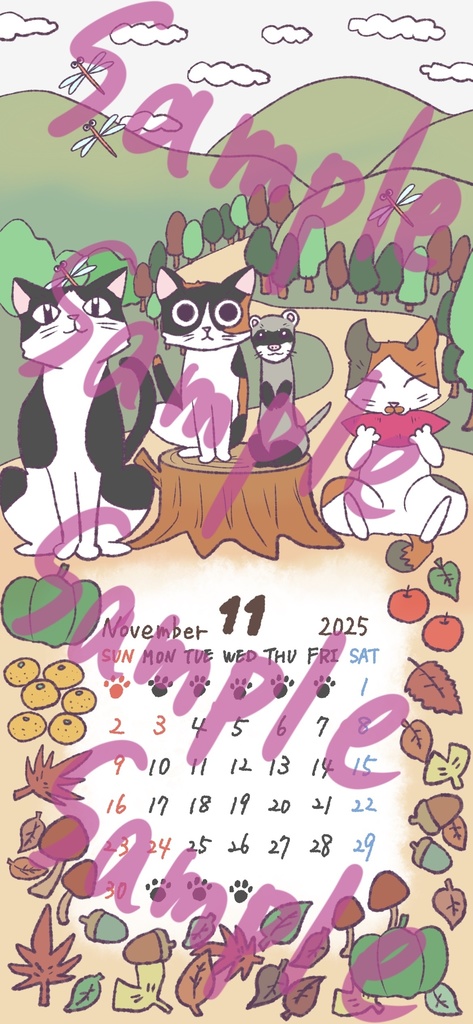 猫とフェレットのカレンダー2025年11月