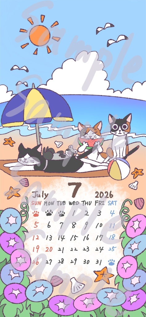【スマホ壁紙】2026年7月カレンダー｜猫×フェレット｜iPhone/Android対応