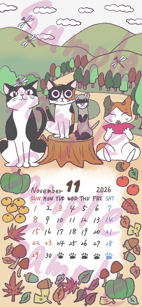【スマホ壁紙】2026年11月カレンダー｜猫×フェレット｜iPhone/Android対応
