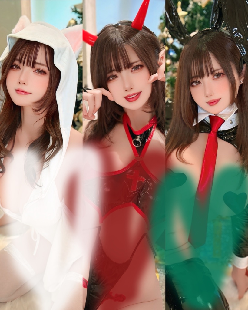 雪降る白パーカーにゃんこ❄️🤍エージェントバニー🐰💚聖なる夜のサキュバス😈♥️ランダムチェキ➕ランダムブロマイドセット