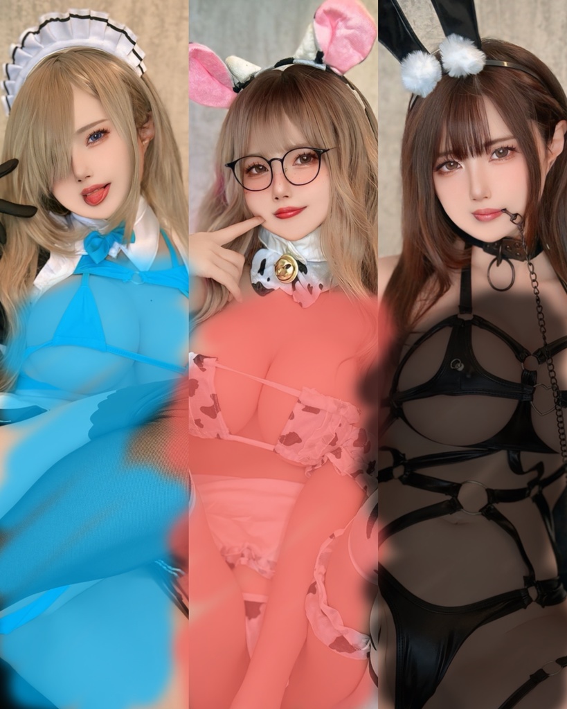 ブルアカアスナ🩵🤍ギャルな豹ガール🐆🖤メガネ牛ビキニちゃん🐮🍼ブラックボンテージラビット🖤ランダムチェキ➕ランダムブロマイドセット