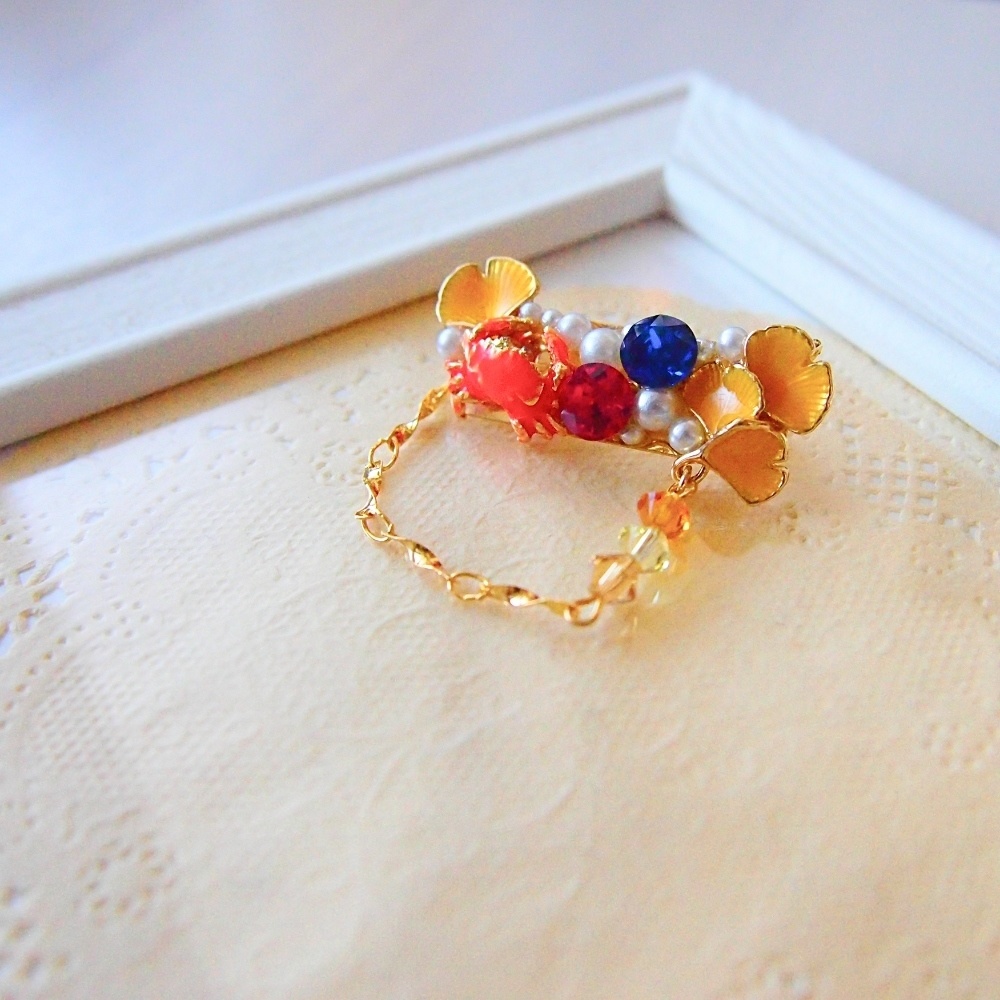 銀杏と蟹　父水ブローチ