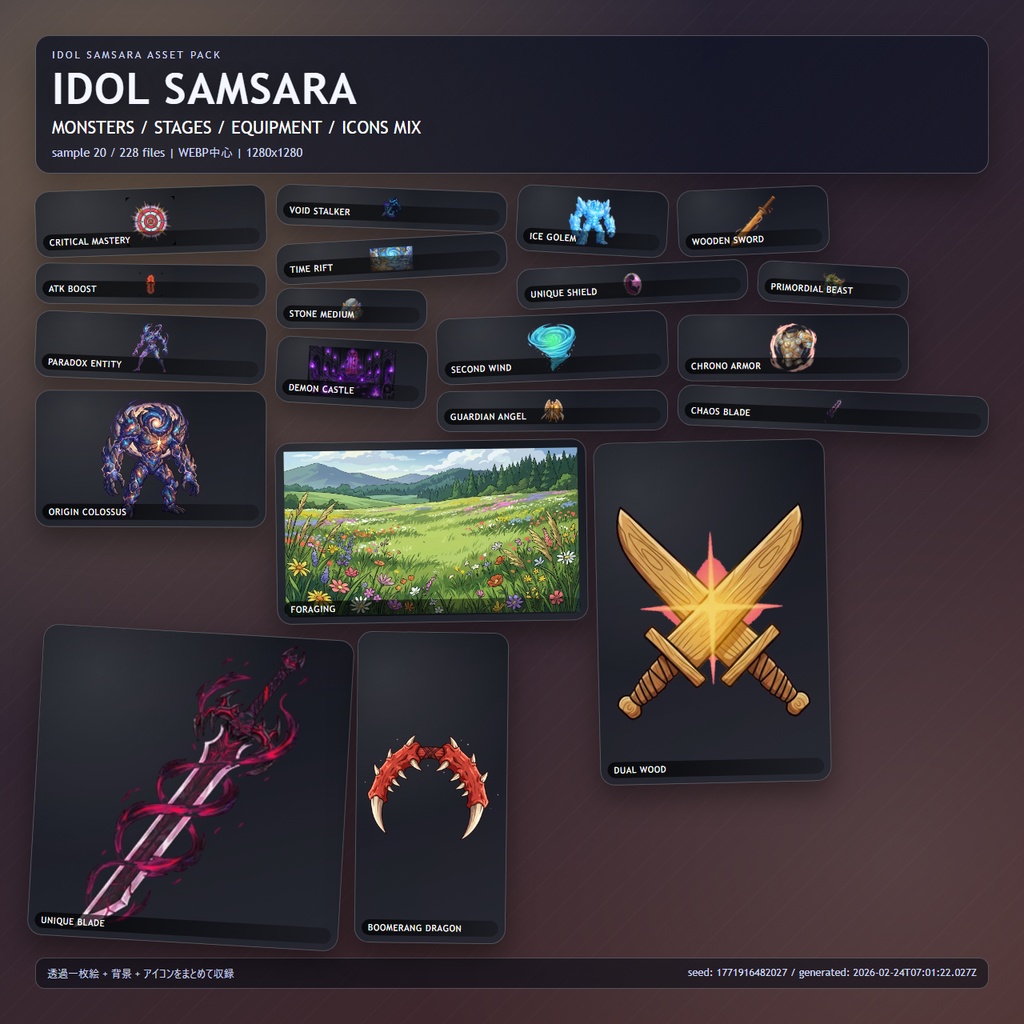 【369点収録】IDOL SAMSARA ゲーム画像アセットパック(モンスター・背景・装備・アイコン)