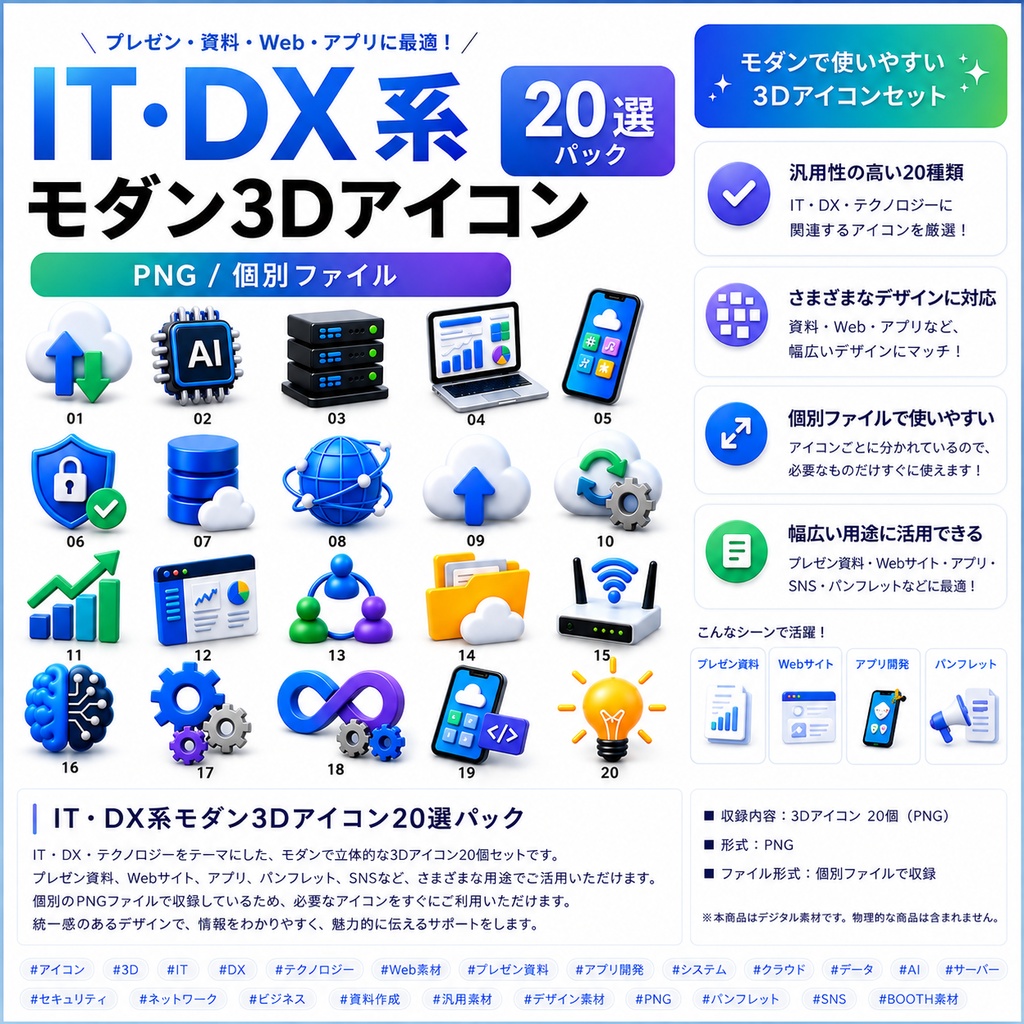 IT・DX系モダン3Dアイコン20選パック|PNG・個別ファイル