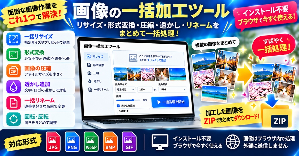画像一括加工ツール|リサイズ・形式変換・圧縮・透かしをまとめて処理