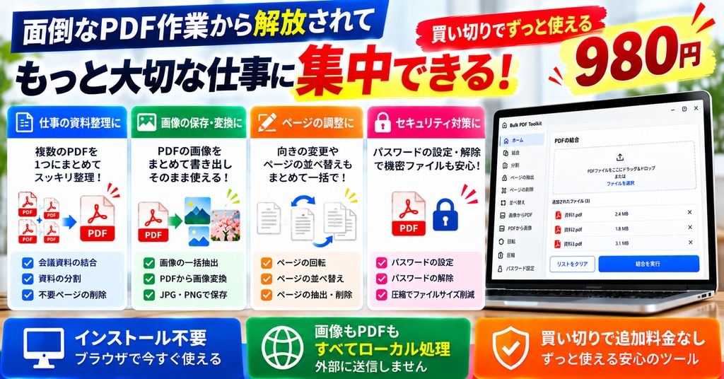 PDF一括処理ツール|結合・分割・抽出・削除・回転・画像変換をまとめて処理