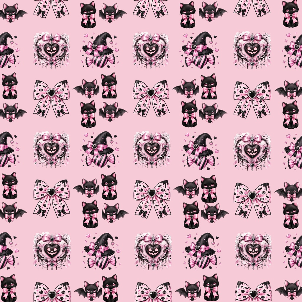 Pink Gothic Halloween 🎀 デジタルペーパー|ピンク×ブラック・リボン・黒猫・コウモリ