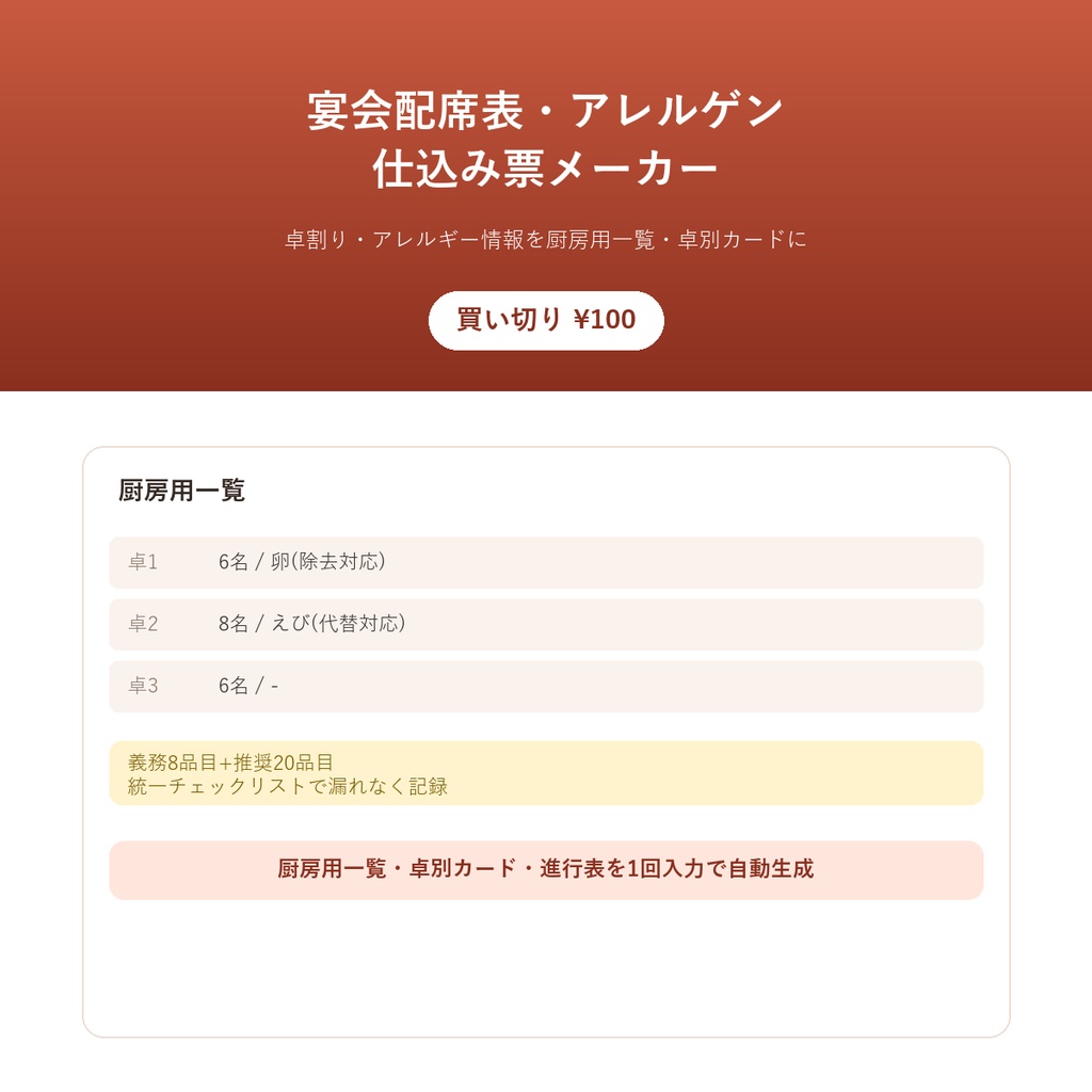 宴会配席表・アレルゲン仕込み票メーカー ー 卓割り・アレルギー情報を厨房用一覧・卓別カード・進行表に(買い切り・飲食店向け)