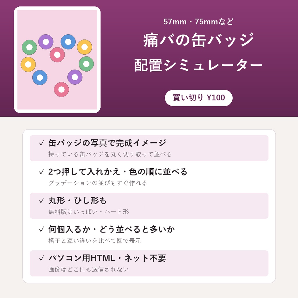 痛バシミュレーター【缶バッジ何個入る?計算・配置図・写真で完成イメージ・ネットなしで動くHTML】