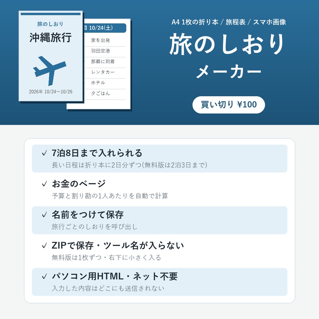 旅のしおりメーカー【A4 1枚の折り本・旅程表・スマホ画像を作成/持ち物チェック/7泊8日まで・割り勘】