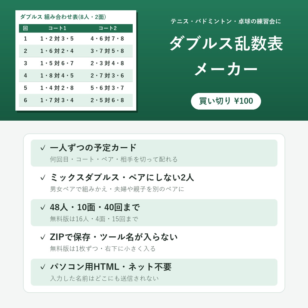 ダブルス乱数表メーカー【テニス・バドミントン・卓球のダブルス組み合わせ表/予定カード/ミックス/途中参加】