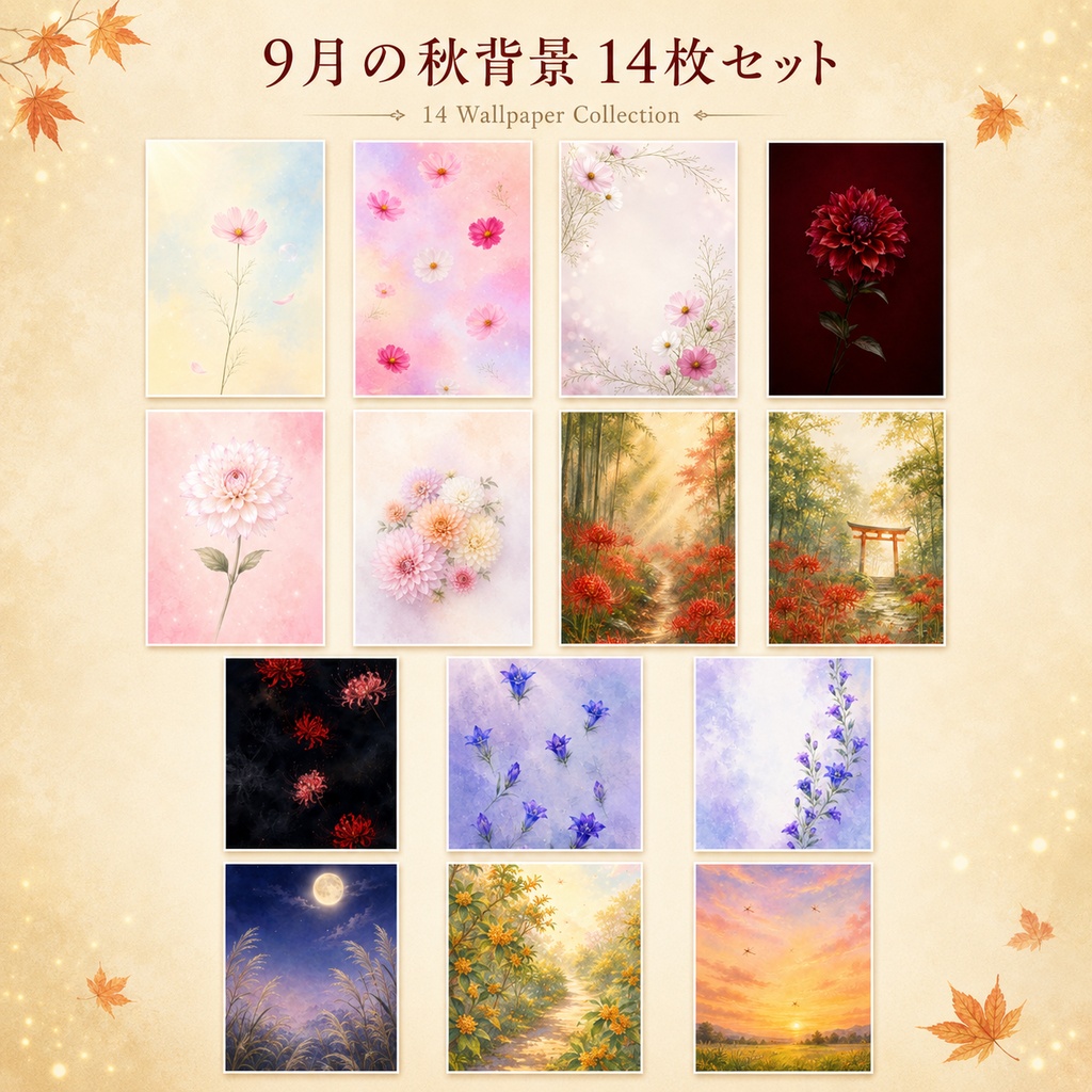 【9月・秋】秋の花と季節背景14枚セット|スマホ壁紙・配信背景