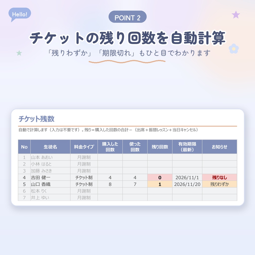 【英会話教室向け】月謝・チケット・出欠管理シート|回数券の残数も自動計算|Googleスプレッドシート・Excel対応