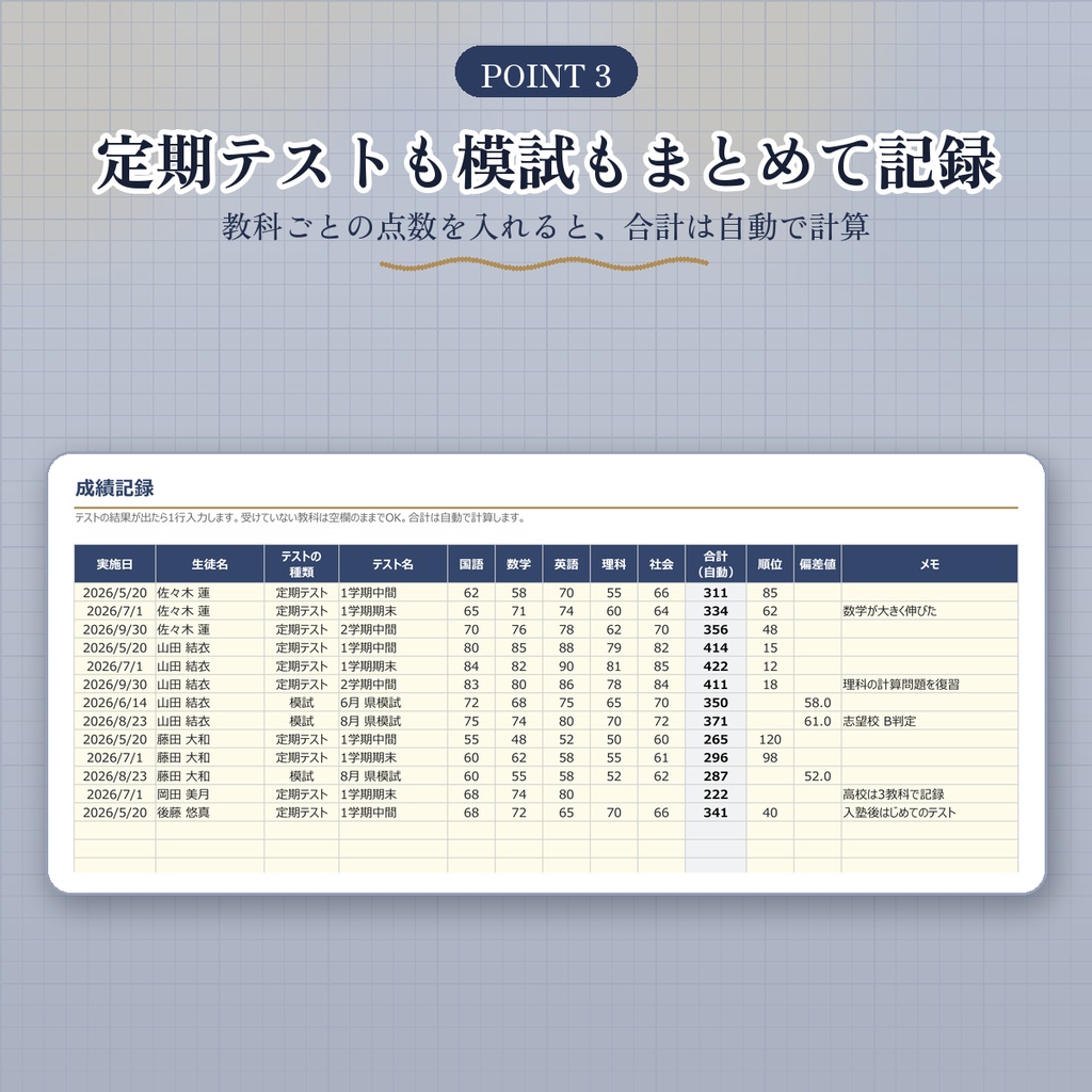 【個人塾向け】月謝・講習費・成績管理シート|前回のテストとの差も自動計算|Googleスプレッドシート・Excel対応
