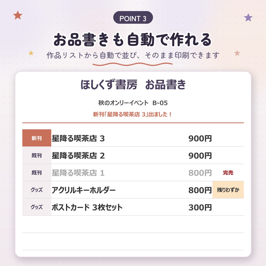 【同人サークル向け】同人イベント 頒布・在庫・収支管理シート|お品書きも自動作成|Googleスプレッドシート・Excel対応