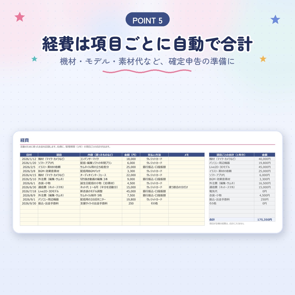 【VTuber・配信者向け】収支・案件管理シート|源泉徴収も自動計算|Googleスプレッドシート・Excel対応
