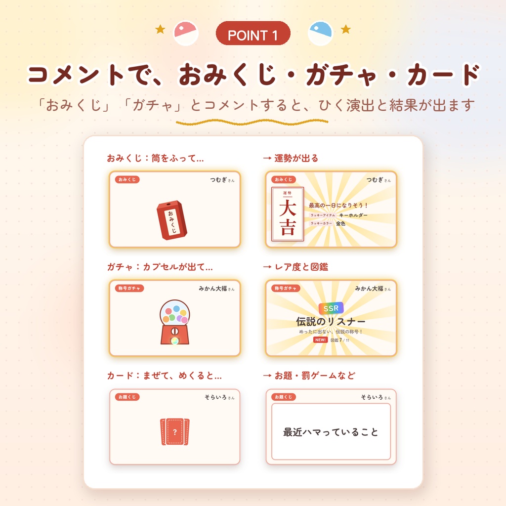 【わんコメ用】おみくじ&ガチャ|コメントでひける演出3種|中身・確率を自由に設定・スパチャ対応