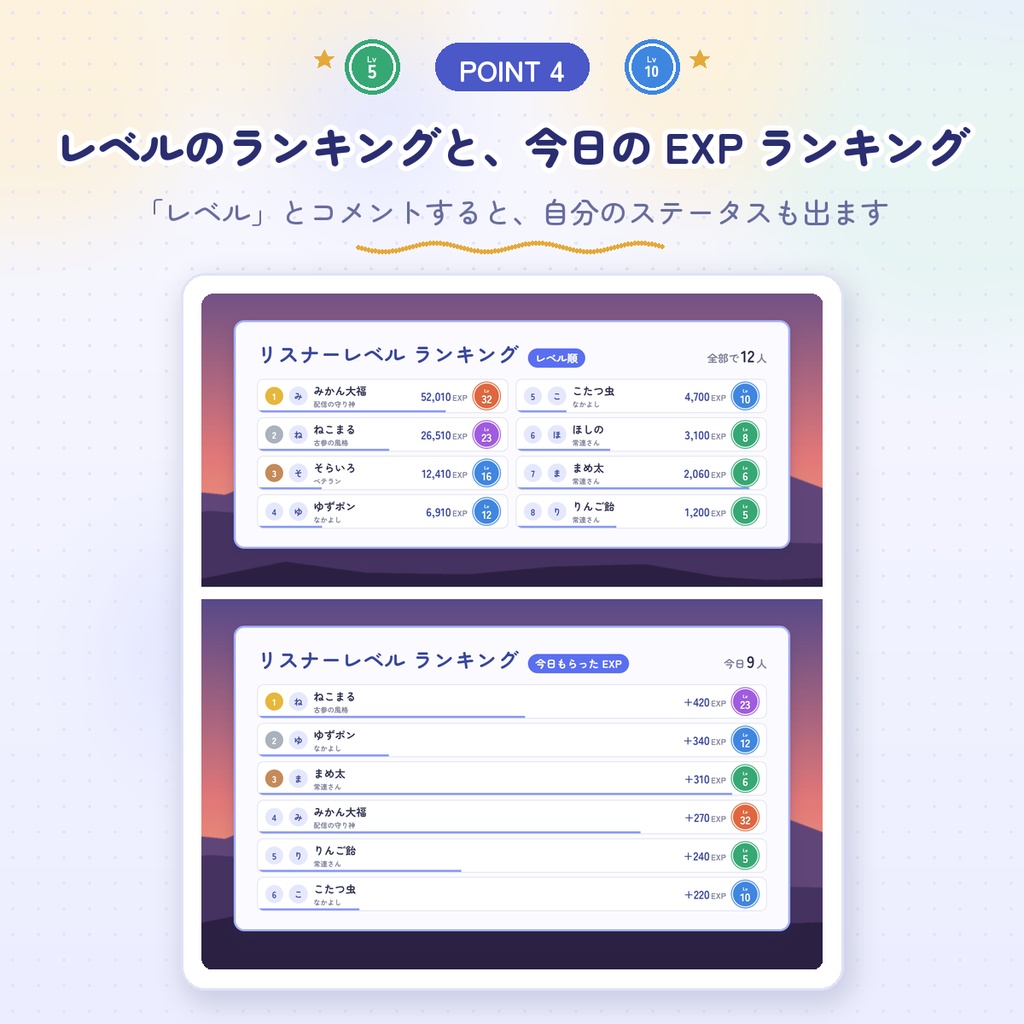 【わんコメ用】リスナーレベル|コメントでリスナーさんがレベルアップ|称号・ランキング・コメント欄にLvバッジ