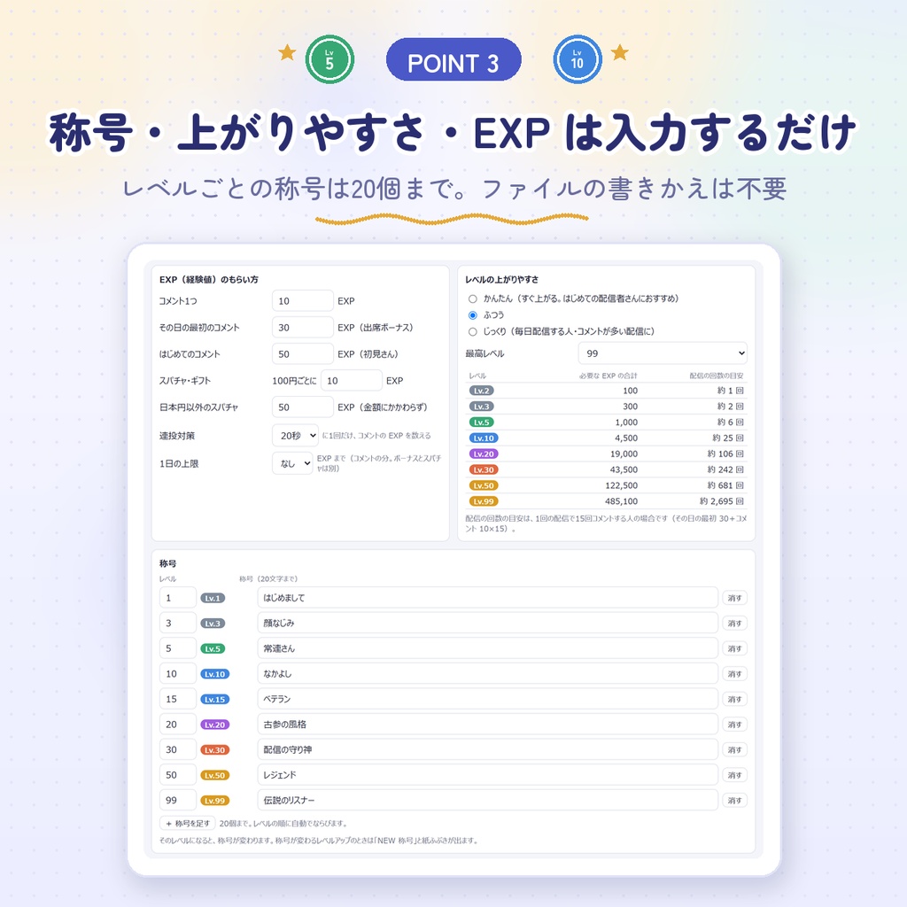 【わんコメ用】リスナーレベル|コメントでリスナーさんがレベルアップ|称号・ランキング・コメント欄にLvバッジ
