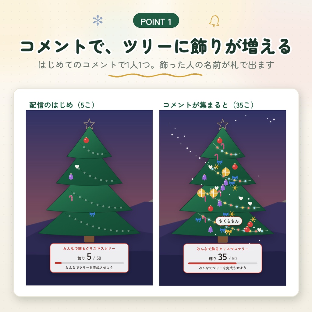 【わんコメ用】みんなで飾るクリスマスツリー|コメントで1人1つ飾りが増える|ライト・雪・完成の演出つき