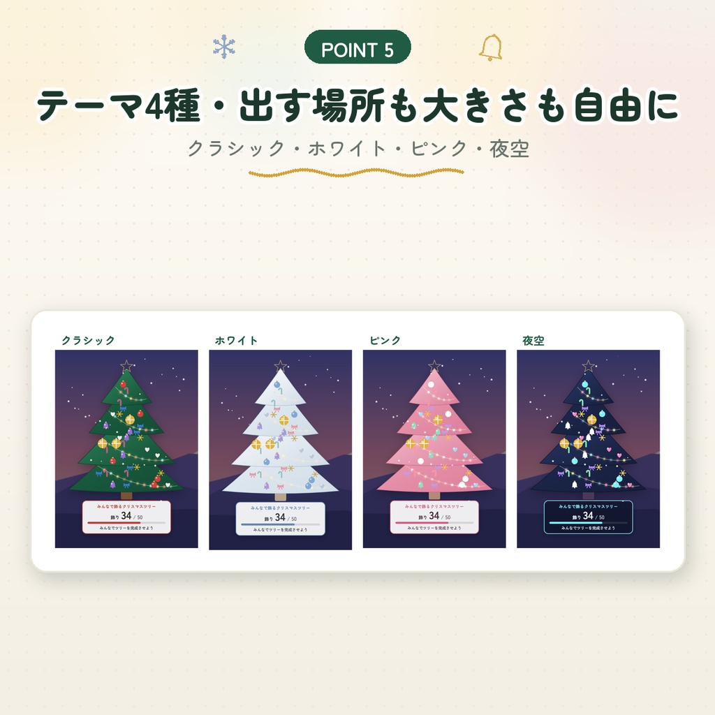 【わんコメ用】みんなで飾るクリスマスツリー|コメントで1人1つ飾りが増える|ライト・雪・完成の演出つき