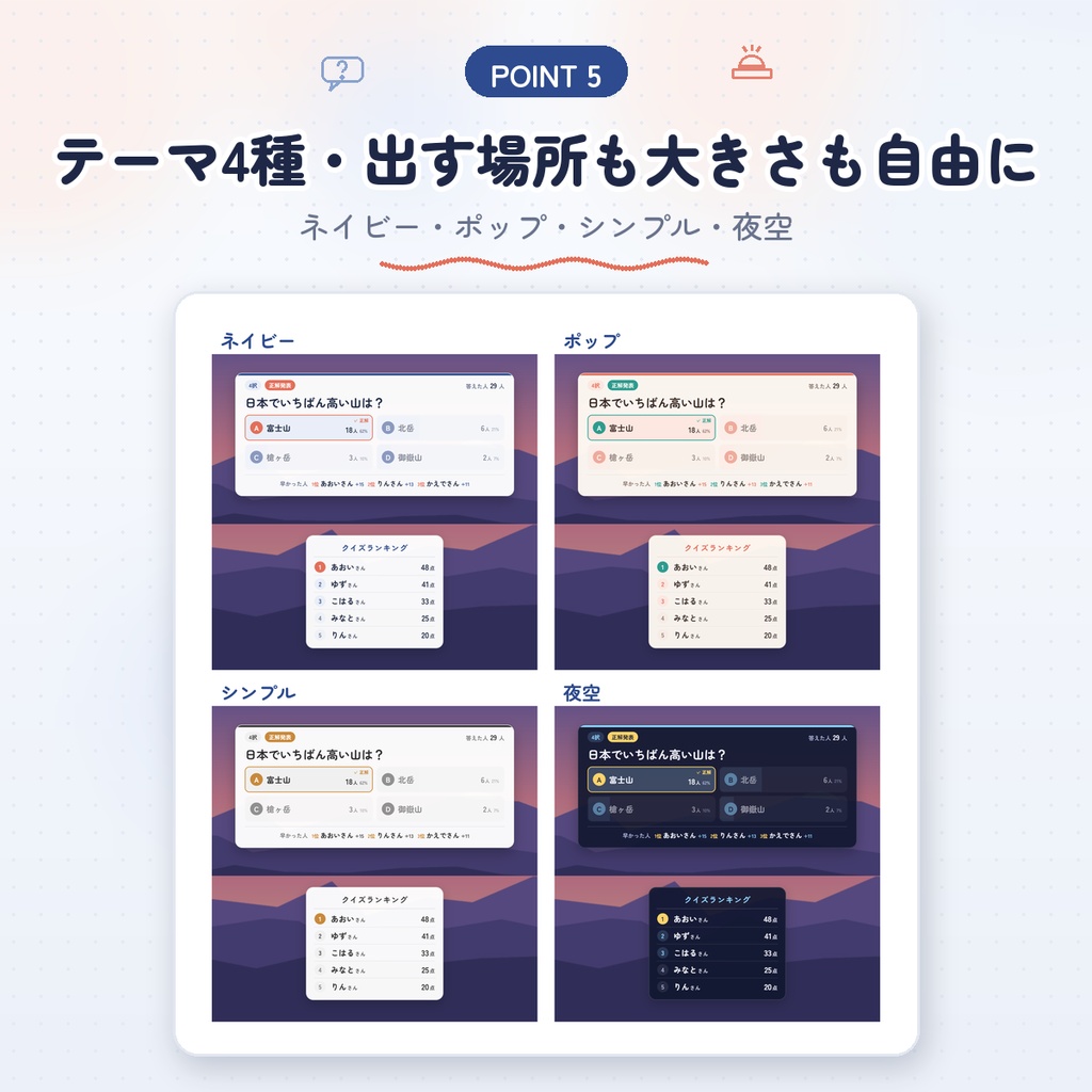 【わんコメ用】コメントで答えるクイズ&アンケート|4択・○×・文字で答える・投票|グラフで正解発表・早押しランキング