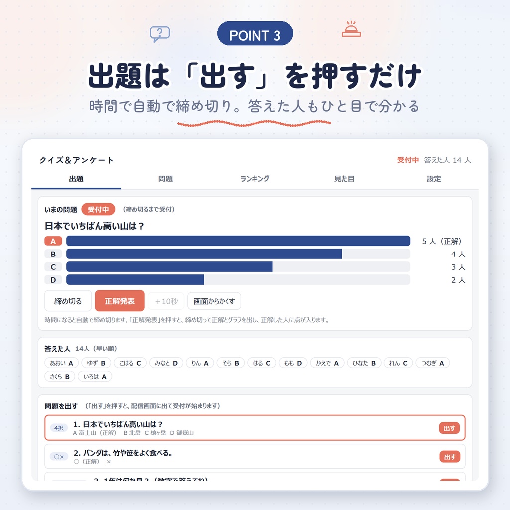【わんコメ用】コメントで答えるクイズ&アンケート|4択・○×・文字で答える・投票|グラフで正解発表・早押しランキング