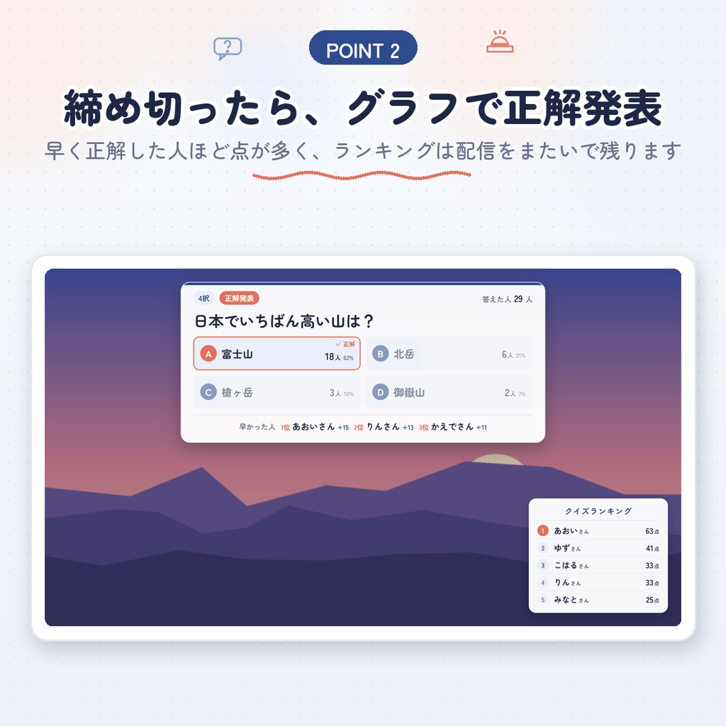 【わんコメ用】コメントで答えるクイズ&アンケート|4択・○×・文字で答える・投票|グラフで正解発表・早押しランキング