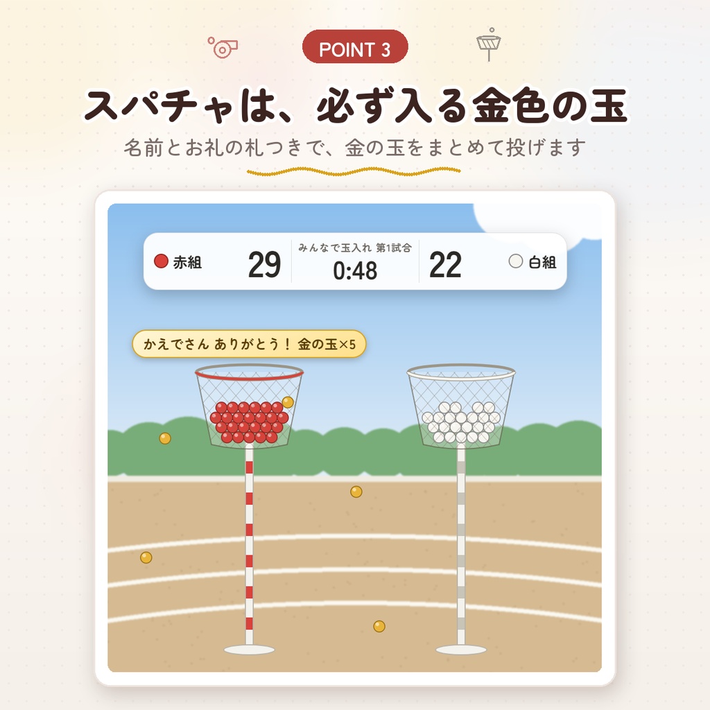 【わんコメ用】みんなで玉入れ|コメント1つで玉が1つ飛ぶ・紅白で対戦|最後は「ひとつ、ふたつ…」と数えて勝ち負けを発表
