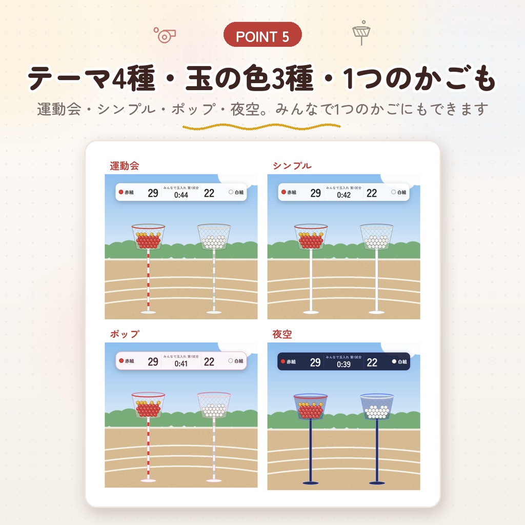 【わんコメ用】みんなで玉入れ|コメント1つで玉が1つ飛ぶ・紅白で対戦|最後は「ひとつ、ふたつ…」と数えて勝ち負けを発表