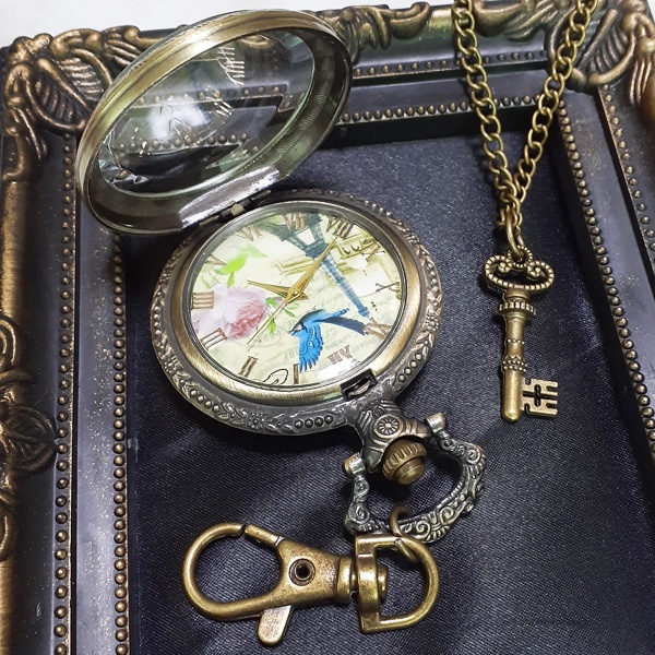 1点のみ 懐中時計 2wayキーホルダーネックレス 青い鳥 アンティーク調 レトロ 鍵付き