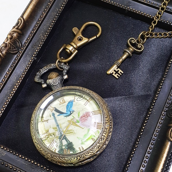 1点のみ 懐中時計 2wayキーホルダーネックレス 青い鳥 アンティーク調 レトロ 鍵付き