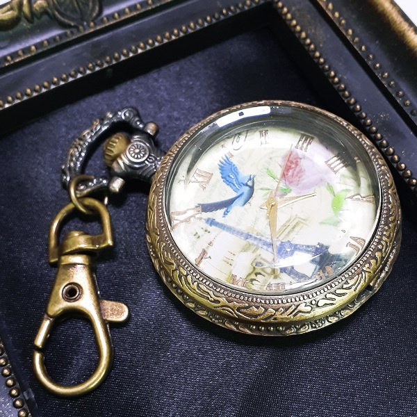 1点のみ 懐中時計 2wayキーホルダーネックレス 青い鳥 アンティーク調 レトロ 鍵付き