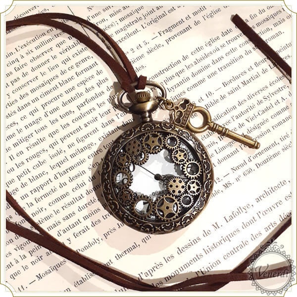 懐中時計 スエード紐ネックレス アンティーク調 ギア 歯車 レトロ 鍵