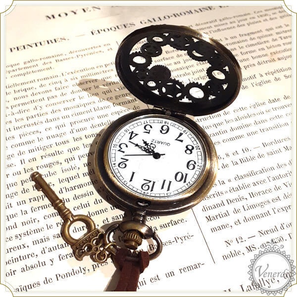 懐中時計 スエード紐ネックレス アンティーク調 ギア 歯車 レトロ 鍵