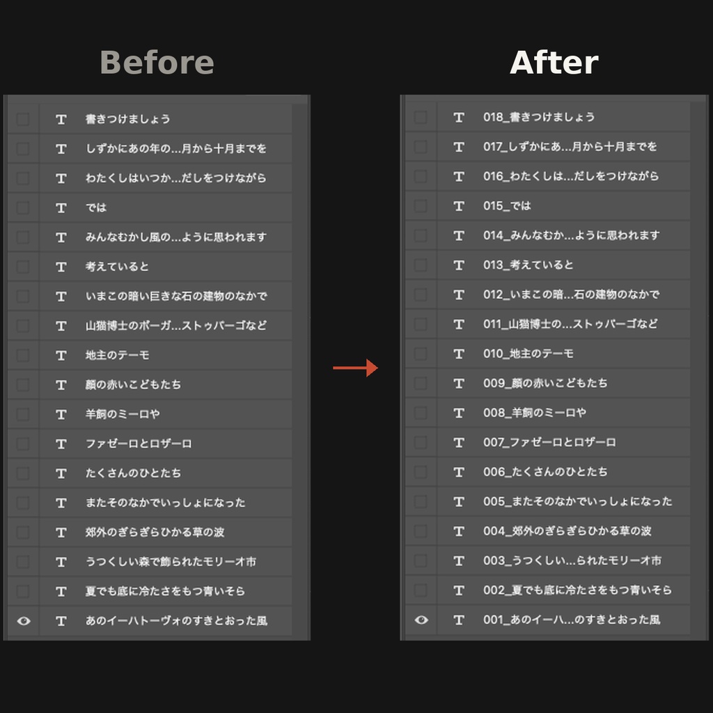 Kata / PS / Layer Numbering — 選択レイヤーに3桁通し番号を一発で