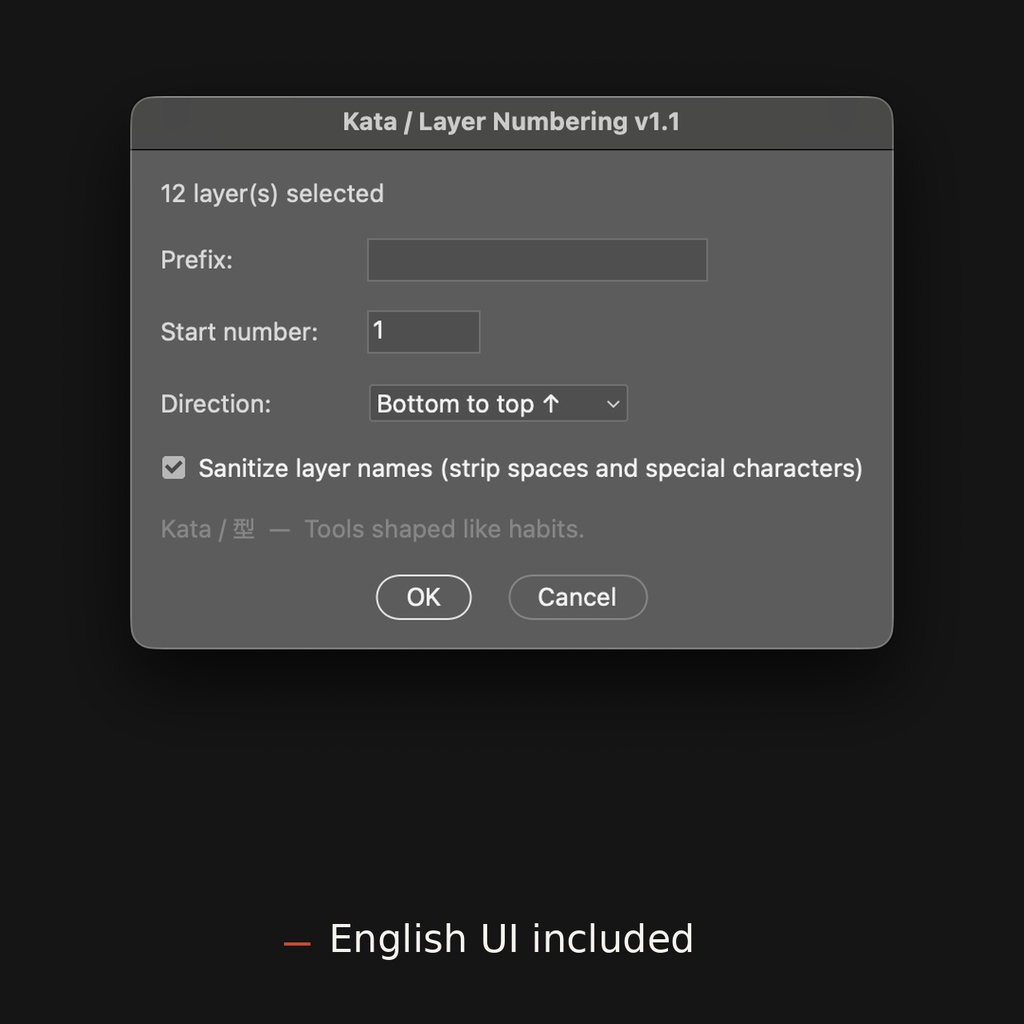 Kata / PS / Layer Numbering — 選択レイヤーに3桁通し番号を一発で