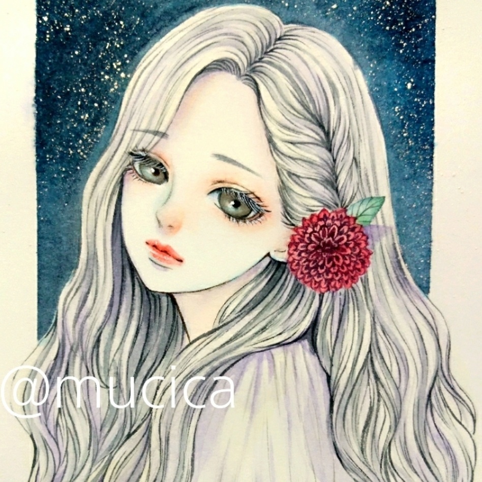 水彩 手描きイラスト原画 夜と赤いダリアの髪飾りの少女 夢鹿 Mucica Booth