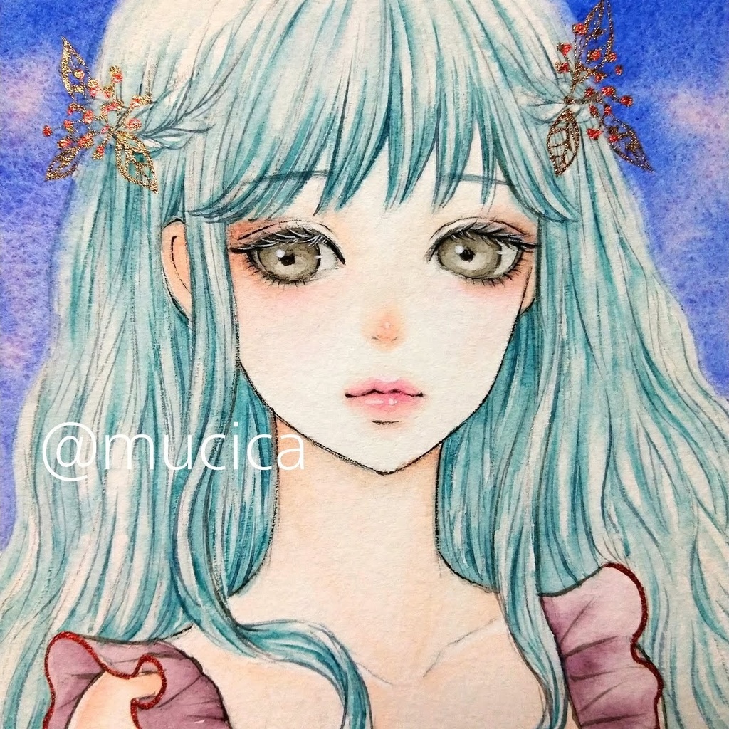 手描きイラスト　水彩原画　ロングヘアの女の子159