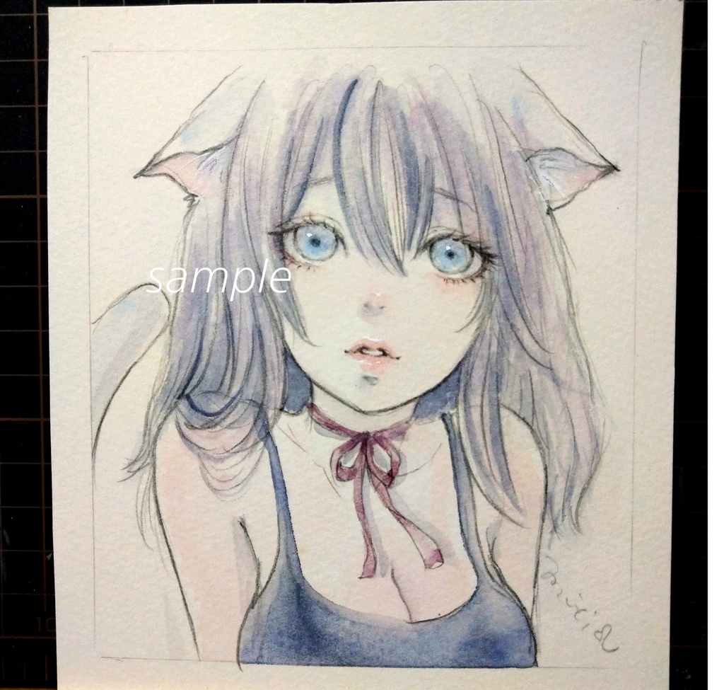 手描きイラスト 上目遣いの白猫ちゃん 水彩画 夢鹿 Mucica Booth