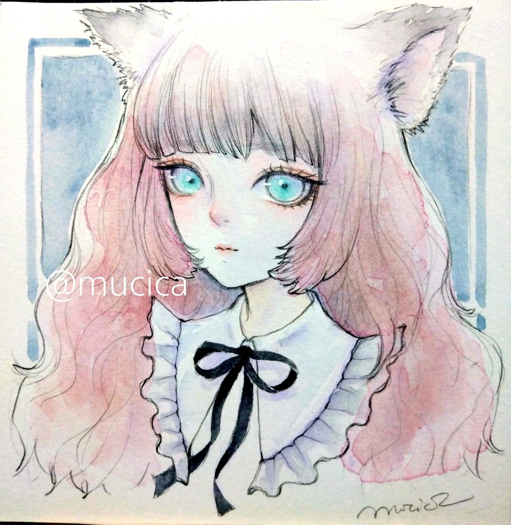 手描きイラスト　肉筆原画　猫ちゃん　寸松庵サイズ　水彩画