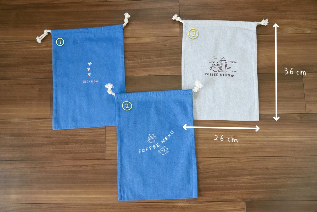 【手描き】大きい巾着袋（えびうさ・コーヒーねこ）