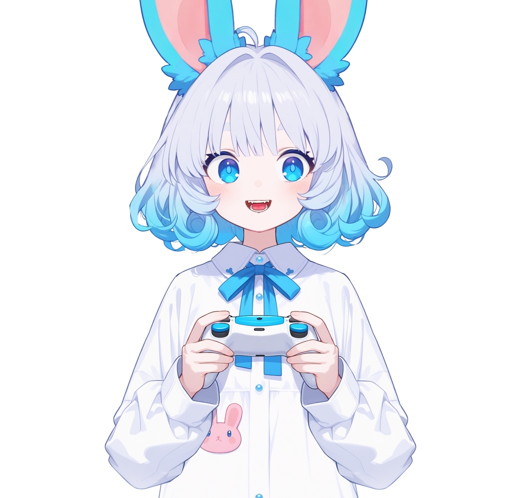 【live2d汎用モデル】青い髪うさぎ・VTS対応 | Blue Moon Rabbit Girl | Cute Curly Blue Hair, White Shirt, Rabbit Accents