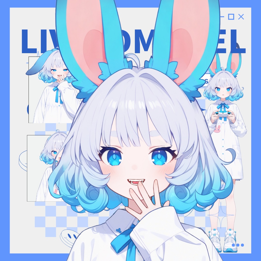 【live2d汎用モデル】青い髪うさぎ・VTS対応 | Blue Moon Rabbit Girl | Cute Curly Blue Hair, White Shirt, Rabbit Accents