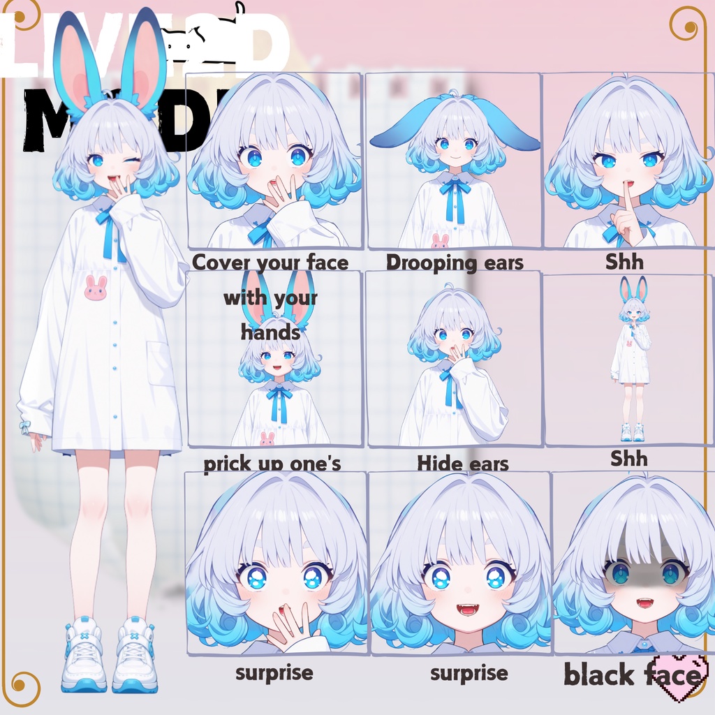 【live2d汎用モデル】青い髪うさぎ・VTS対応 | Blue Moon Rabbit Girl | Cute Curly Blue Hair, White Shirt, Rabbit Accents