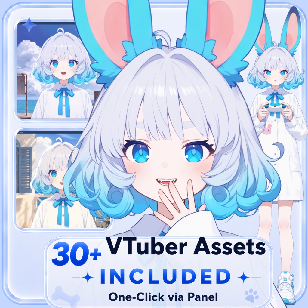 【live2d汎用モデル】青い髪うさぎ・VTS対応 | Blue Moon Rabbit Girl | Cute Curly Blue Hair, White Shirt, Rabbit Accents