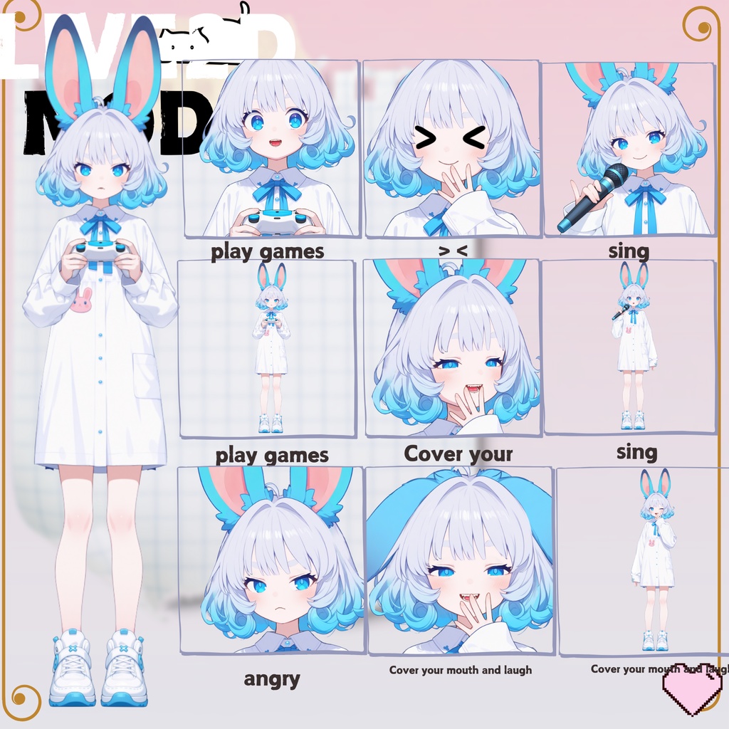 【live2d汎用モデル】青い髪うさぎ・VTS対応 | Blue Moon Rabbit Girl | Cute Curly Blue Hair, White Shirt, Rabbit Accents